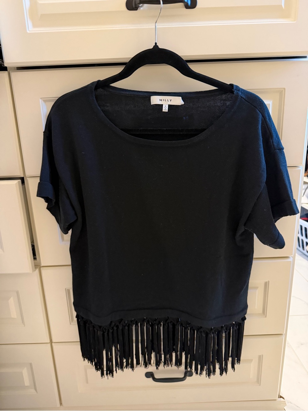 Milly Black Short-Sleeve Fringe Hem Tee